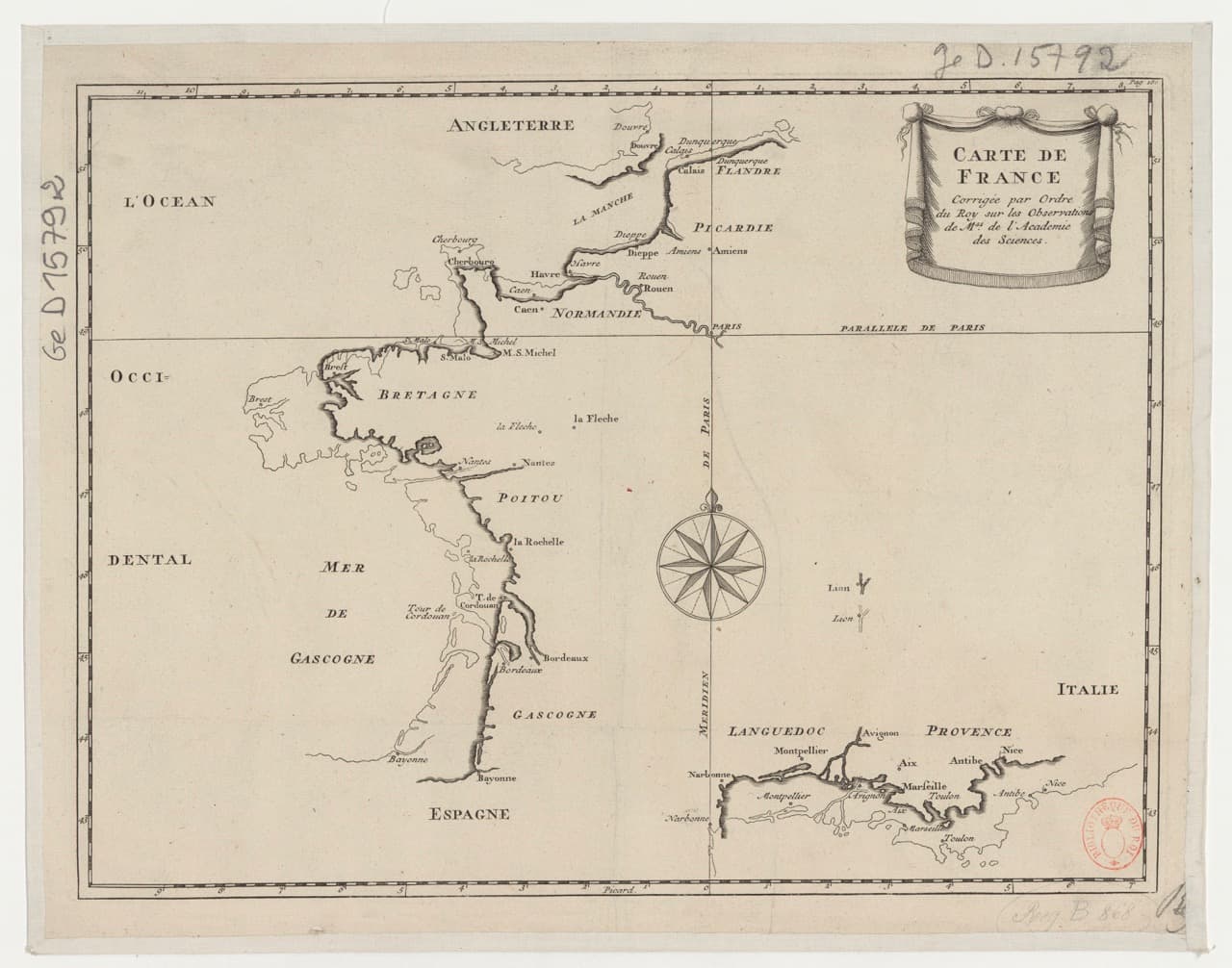 Carte de France corrigée par ordre du Roy sur les observations de mrs de l'Académie des Sciences